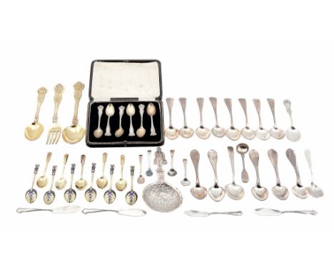 A collection of silver and silver coloured metal flatware, to include   A collection of silver and silver coloured metal flat