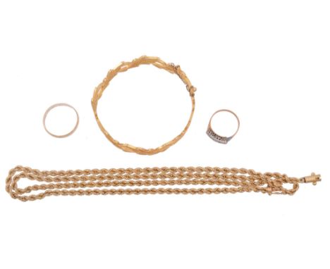 A small selection of jewellery, to include   A small selection of jewellery,   to include: a hinged bangle; two rings; and a 