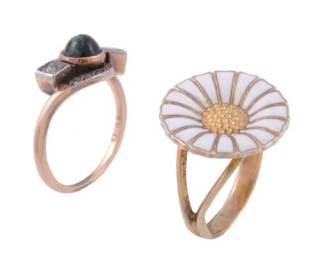 A daisy ring by Georg Jensen, the white enamelled flowerhead with a textured...   A daisy ring by Georg Jensen,   the white e