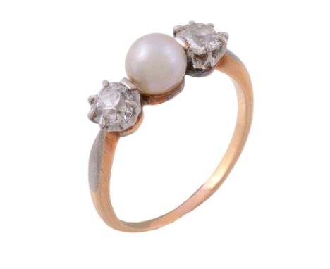 A pearl and diamond ring, the central pearl set between two old brilliant...   A pearl and diamond ring,   the central pearl 