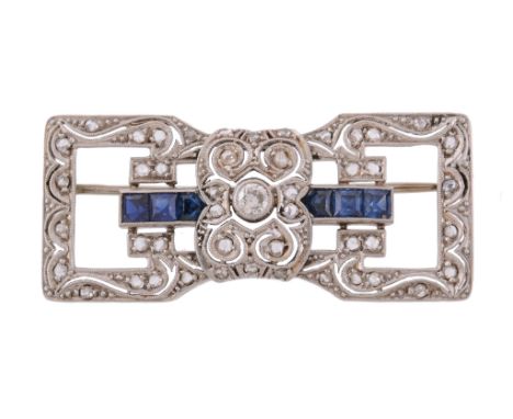 A late Art Deco sapphire and diamond brooch, circa 1940   A late Art Deco sapphire and diamond brooch,   circa 1940, the pier