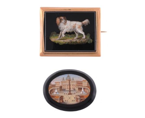 A micromosaic brooch, the rectangular panel depicting a spaniel on a black...   A micromosaic brooch,   the rectangular panel