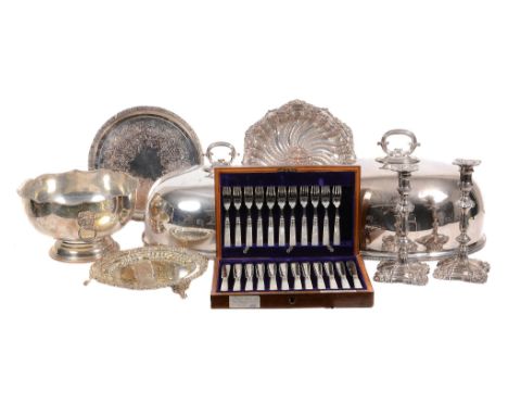 A collection of plated wares, including: a graduated pair of oval meat covers   A collection of plated wares,   including: a 