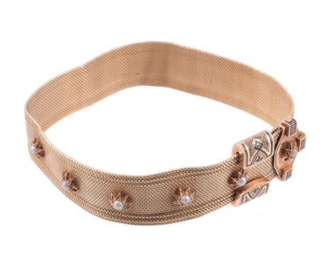 A 19th century jarretiere bracelet, circa 1880   A 19th century jarretiere bracelet,   circa 1880, the broad woven bracelet s