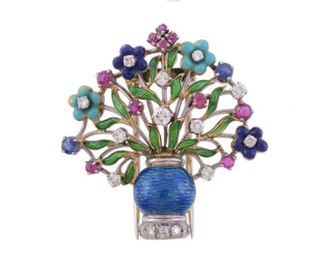 An enamel and gem set giardinetto brooch, circa 1960   An enamel and gem set giardinetto brooch,   circa 1960, the blue ename