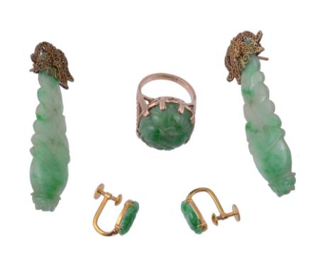 A small collection of jadeite jewellery , comprising   A small collection of jadeite jewellery  , comprising: a floral carved