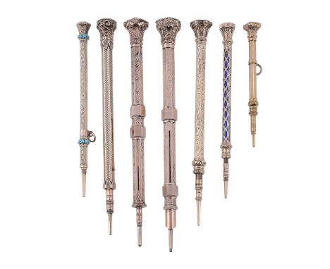 A 19th century enamel propelling pencil, the blue enamel body with engraved...   A 19th century enamel propelling pencil,   t