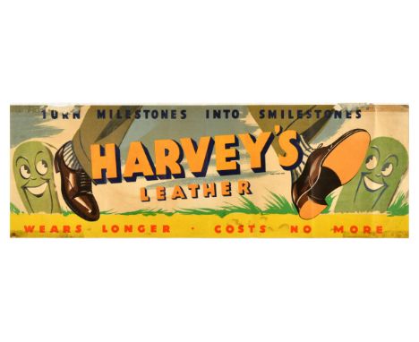 Original vintage advertising poster for Harvey's Leather - Torn Milestones into Smilestones - Wears Longer Costs No More - De