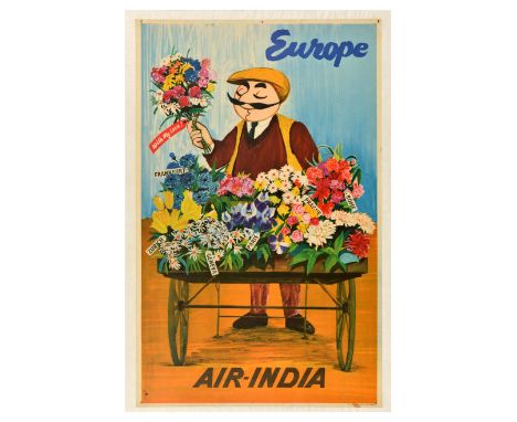 Original vintage travel advertising poster for Europe on Air India, featuring a colourful illustration with Air-India mascot 