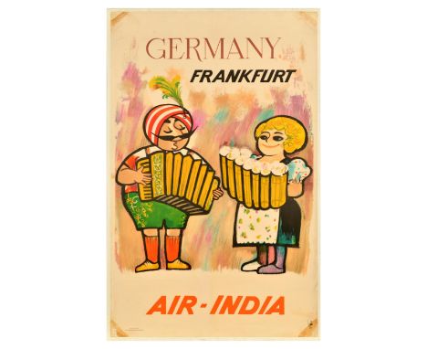 Original vintage travel advertising poster for Frankfurt, Germany on Air India, featuring a colourful illustration with Air-I