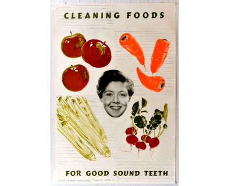 Original vintage dental health poster issued by the General Dental Council - Cleaning Foods For Good Sound Teeth - featuring 