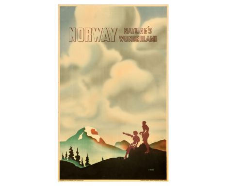 Original vintage Scandinavia travel poster for Norway Nature's Wonderland featuring a scenic image of a couple on top of a hi