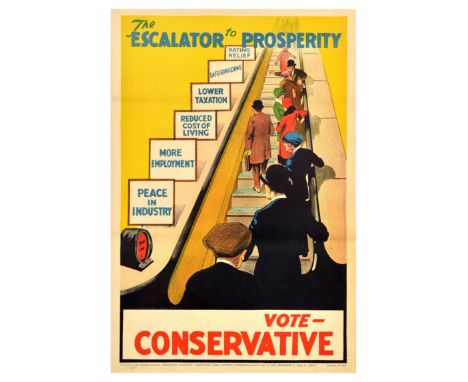 Original vintage political propaganda poster for the 1929 United Kingdom general election - The Escalator to Prosperity. Vote