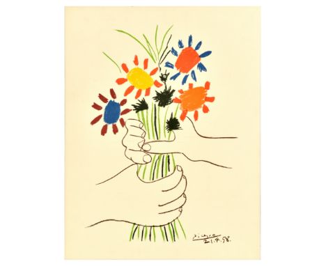 Commercial lithograp art print of a Pablo Picasso Bouquet of Peace colourful line drawing of a bunch of flowers on a white ba