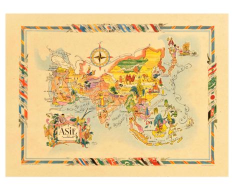 Original vintage pictorial Asia map poster by French cartographer, painter, and illustrator Jacques Liozu (1910-1974) - Desig