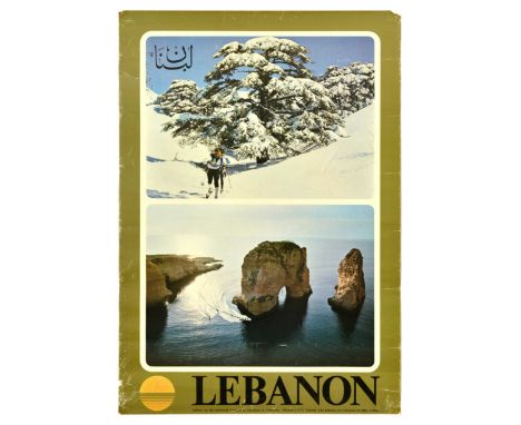 Original vintage travel poster for Lebanon featuring a photograph of skiers on a snowy slope with snow-covered trees, above a