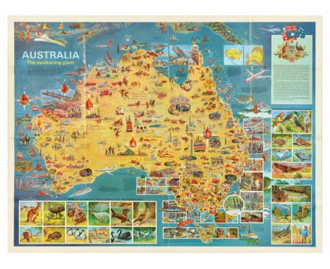 Original vintage illustrated map poster for Australia - The Awakening Giant - Design featuring detailed colourful pictorial d