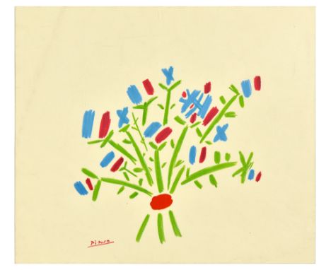 Commercial lithograph art print of a Little Bouquet Pablo Picasso's colourful line drawing of a bunch of flowers on a white b
