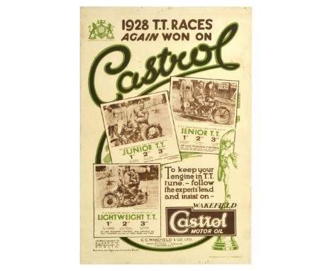 Original vintage advertising poster – 1928 T.T. Races again won on Castrol – To keep your engine in T.T. tune – follow the ex