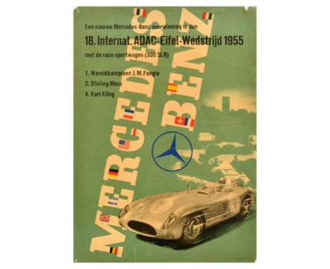 Original vintage motorsport poster celebrating the Mercedes-Benz victory at the 18th International ADAC Eifel Wedstrijd 1955 