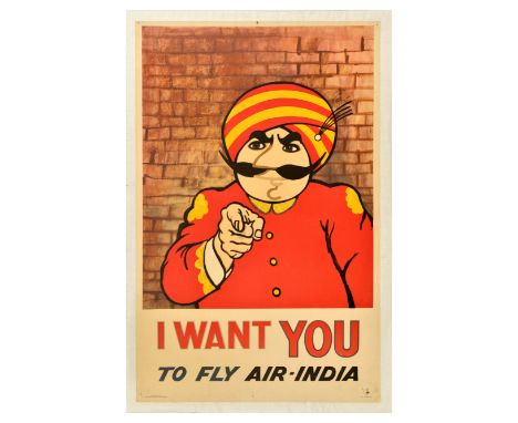 Original vintage travel advertising poster - I Want You to Fly Air India - featuring an illustration in the style of the Unit