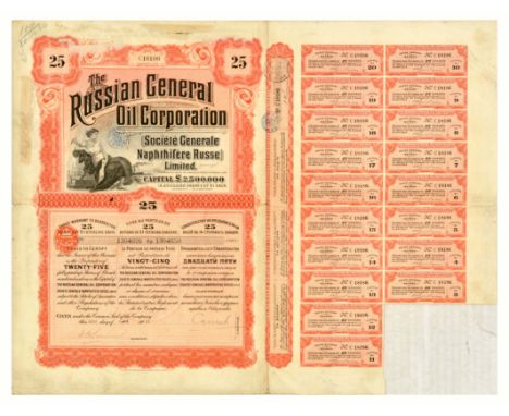 Original antique poster for The Russian General Oil Corporation / Societe Generale Naphthifere Russe featuring share certific