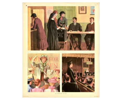 Set of 4 original vintage educational posters from the Macmillan's History Pictures series.  1. Women get the Vote - Design a