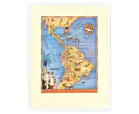 Vintage reproduction Pan Am travel advertising map poster issued by American Heritage - Pan American The Routes of the Flying