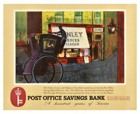 Original vintage advertising poster for Post Office Savings Bank 1861-1961 A Hundred Years of Service, featuring an illustrat