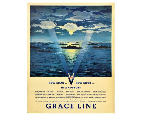 Original vintage World War Two poster Grace Line with the United States Merchant Marine logo and artwork by Hardie Gramatky (