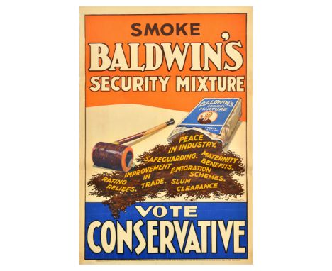 Original vintage political propaganda poster for the 1929 United Kingdom general election - Smoke Baldwin's Security Mixture.