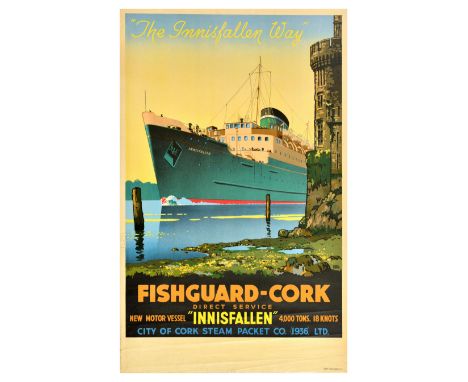 Original vintage travel advertising poster for Fishguard Cork direct service on a new motor vessel Innisfallen by City of Cor