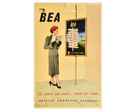 Original vintage travel advertising poster - BEA British European Airways Fly Where You Want - When You Want - featuring an e