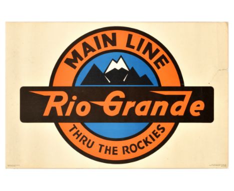 Original vintage railway poster advertising Main Line Rio Grande Thru the Rockies - Design features a bold logo comprised of 