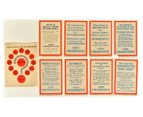 Original set of 19 antique political propaganda leaflets asking the public to Vote Conservative, calling out to women voters,