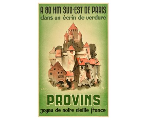 Original vintage travel poster for Provins featuring a great illustration of the Medieval buildings below and the Caesar Keep
