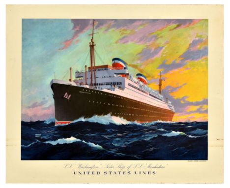 Original vintage cruise ship poster featuring a great image of the SS Washington sister ship of the SS Manhattan - United Sta