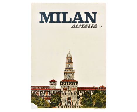 Original vintage travel poster for Milan Alitalia featuring a colourful newspaper collage design showing the historic Castell