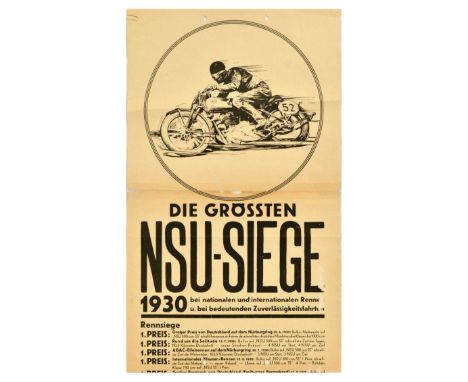 Original vintage motorsport poster showing the biggest NSU victories 1930 in national, international races and reliability ra