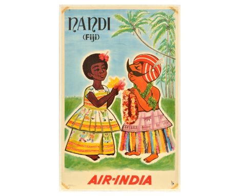 Original vintage travel advertising poster for Nandi Fiji on Air India, featuring a colourful illustration with Air-India mas