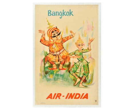 Original vintage travel advertising poster for Bangkok on Air India, featuring a colourful illustration with Air-India mascot