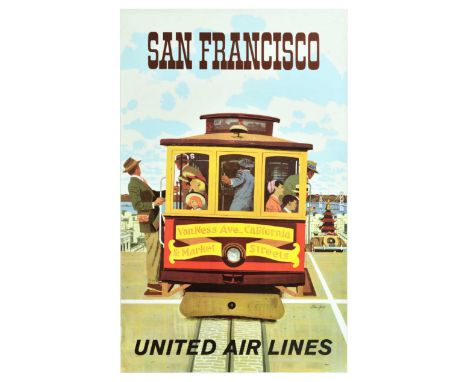 Original vintage travel advertising poster for San Francisco - United Air Lines. Colourful image showing smiling people on a 