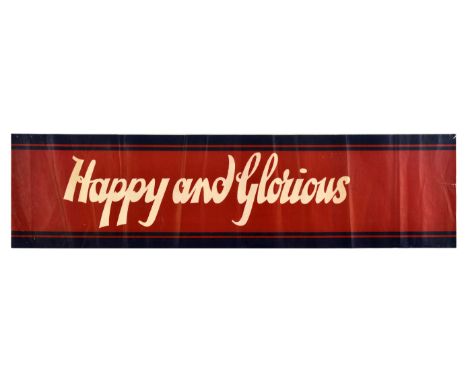 Original vintage World War One poster Happy and Glorious - Stylised white lettering on a red and blue background. Horizontal.