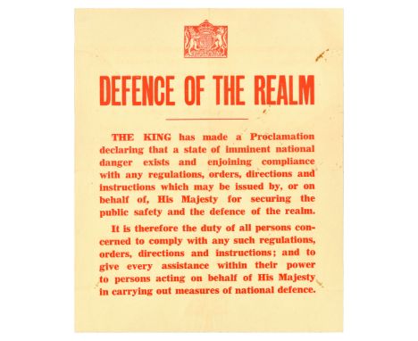 Original vintage World War Two poster - Defence of the Realm, issued to police in 1939, featuring the Royal coat of arms abov