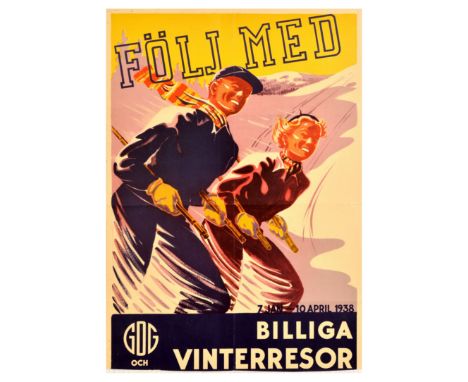 Original vintage ski travel poster Follow along - Cheap winter holidays / Följ Med - Billiga Vinterresor - Art deco design sh