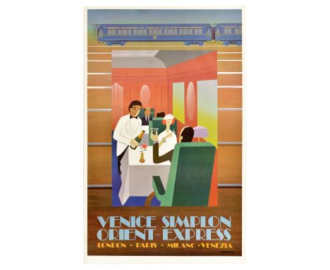 Original vintage travel advertising poster for the Venice Simplon Orient-Express. Art Deco style image of a couple enjoying a