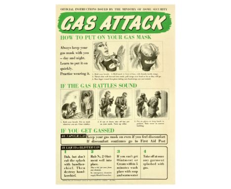 Original vintage World War Two poster Gas Attack - Instructional step-by-step illustrations on how to put on a gas mask, what
