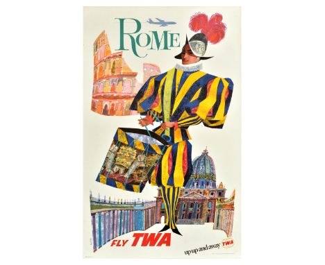 Original vintage travel advertising poster for Rome Fly TWA Up Up And Away featuring a colourful illustration of a guard dres