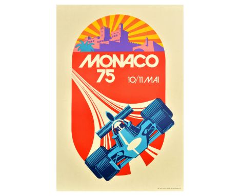 Official vintage reproduction poster for the 1975 Monaco Grand Prix which took place on 10 - 11 May - Bold midcentury design 