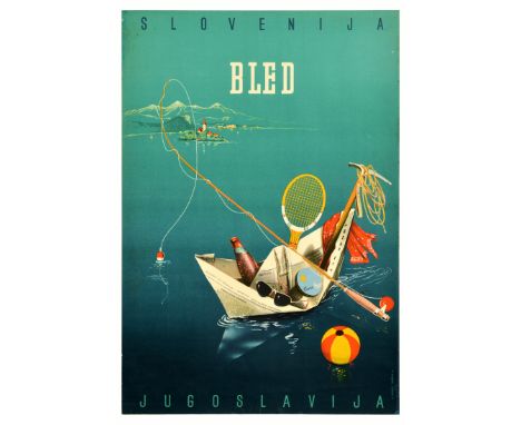 Original vintage travel poster for Bled Slovenija Jugoslavija / Slovenia Yugoslavia featuring a great design depicting an ori